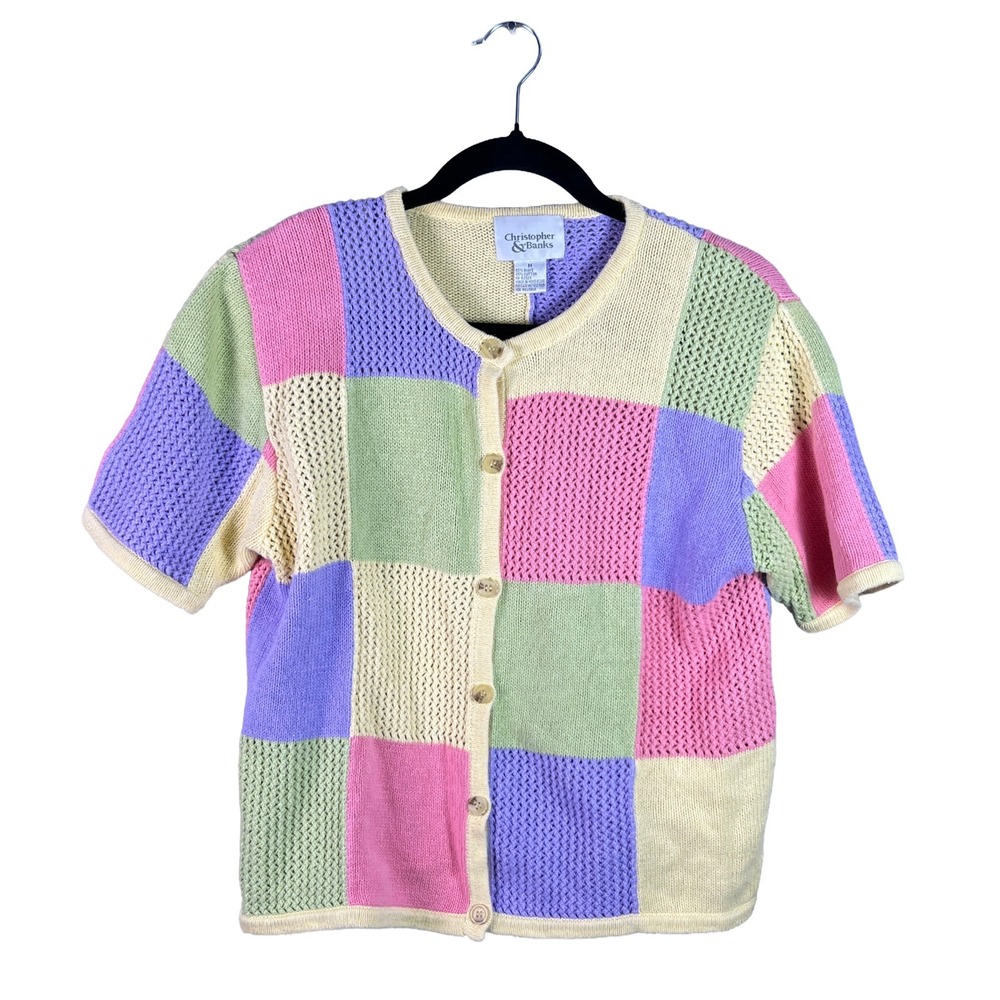 90s Christopher & Banks Patchwork Knit Cardigan Womens M Cottagecore